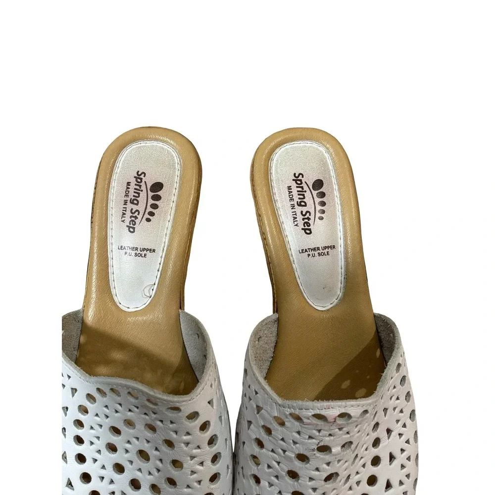 Spring Step White Leather Laser Cut Wedge Sandals Size 39 Made in Italy